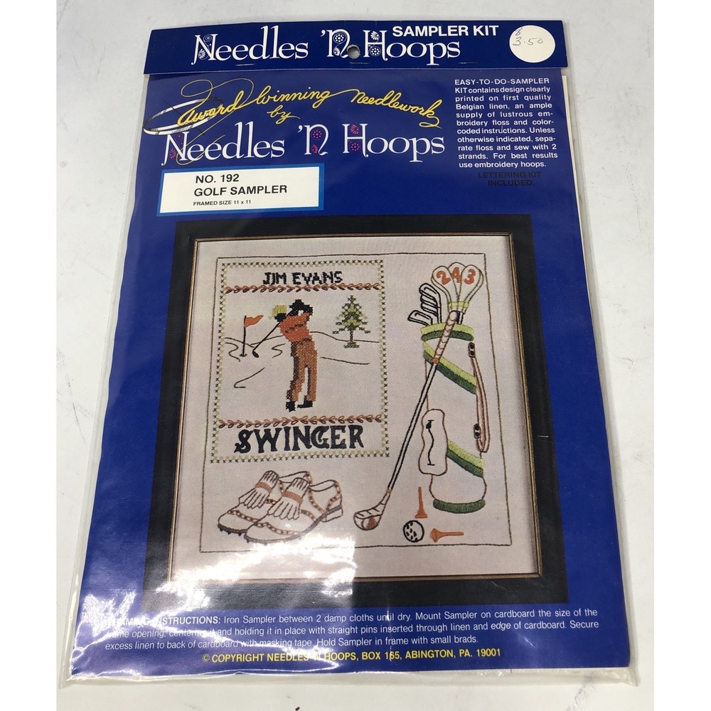 VTG Needles N Hoops Golf Sampler Kit No 192 Embroidery Belgian Linen DIY 11x11